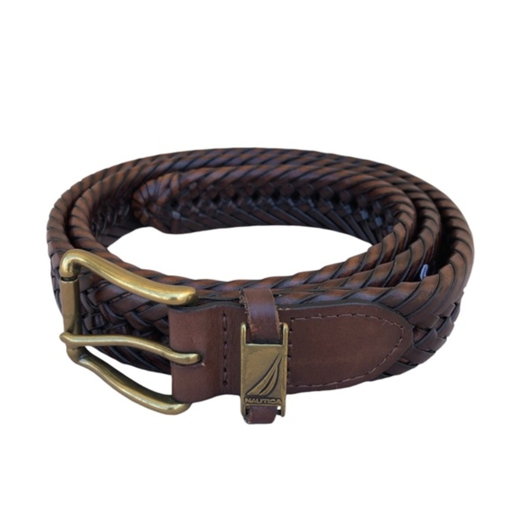 Nautica Men's  Hand Braided Genuine Leather Brush Brass Hardware Brown Belt 42